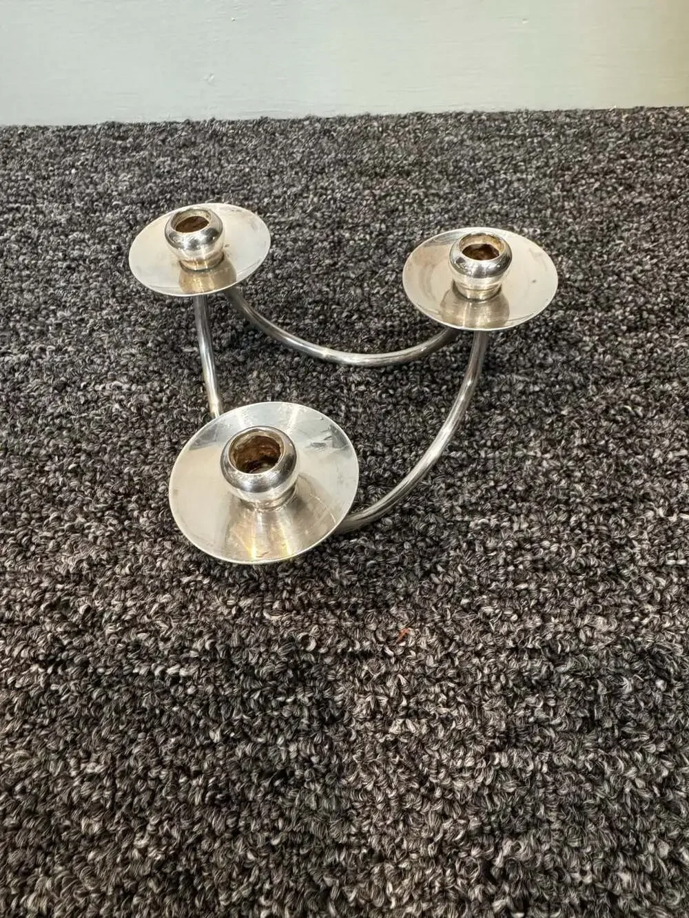 Vintage Berg Denmark Mid-Century Modernist 3-Arm Silverplated Candelabra